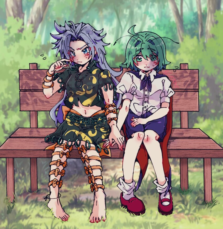 2girls ahoge antennae barefoot bench black_cape black_shirt black_shorts black_skirt blush bobotatamu bow cape closed_mouth collared_shirt commentary_request day embarrassed forest full_body green_eyes green_hair grey_hair hair_intakes highres himemushi_momoyo holding_hands long_hair long_sleeves looking_afar looking_to_the_side loose_socks mary_janes messy_hair midriff multiple_girls nature navel on_bench orange_bow outdoors red_cape red_shoes shirt shoes short_hair shorts sitting skirt skirt_set smile socks touhou two-sided_cape two-sided_fabric white_shirt white_socks wooden_bench wriggle_nightbug yuri