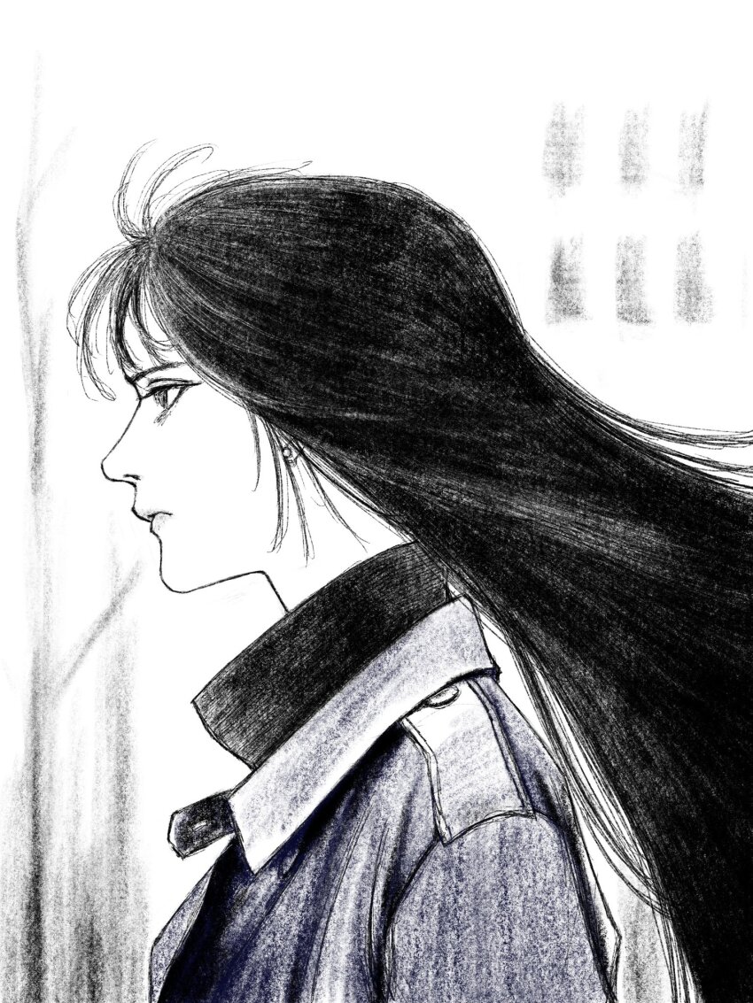 1girl black_hair cropped_torso greyscale highres jacket long_hair looking_to_the_side monochrome original portrait solo tp_p_pt turtleneck white_background