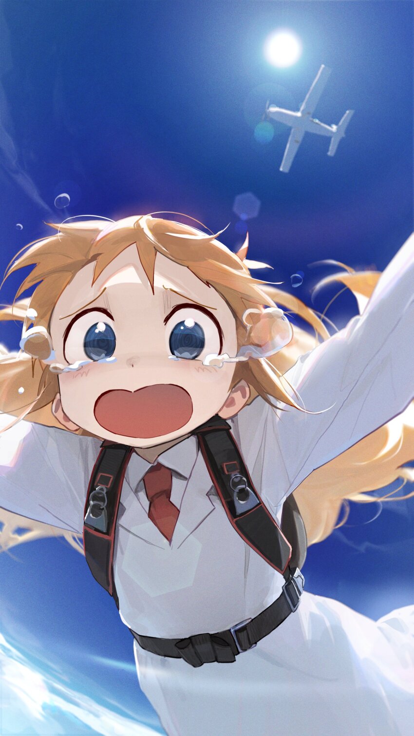 1girl absurdres aircraft airplane blonde_hair blue_sky cloud crying day falling floating_tears highres lab_coat logknn long_hair midair necktie nichijou outstretched_arms parachute professor_shinonome sky skydive spread_arms streaming_tears sun teardrop tearing_up tears