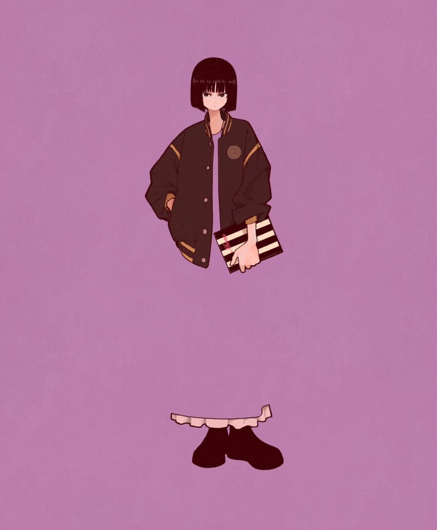 1girl black_hair black_shoes blunt_ends brown_jacket commentary dress english_commentary full_body hand_in_pocket highres holding jacket long_sleeves looking_at_viewer original purple_background purple_dress shoes short_hair simple_background solo standing syooooyoooo