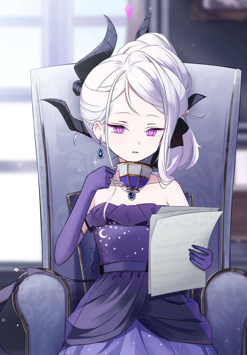 1girl absurdres black_horns black_wings blue_archive blush chair collarbone cup demon_horns demon_wings dress earrings elbow_gloves floating_earring gloves highres hina_(blue_archive) hina_(dress)_(blue_archive) holding holding_cup holding_paper horns jewelry long_hair multiple_horns official_alternate_costume open_mouth paper pendant purple_dress purple_eyes purple_gloves sitting solo strapless strapless_dress wasi white_hair wings
