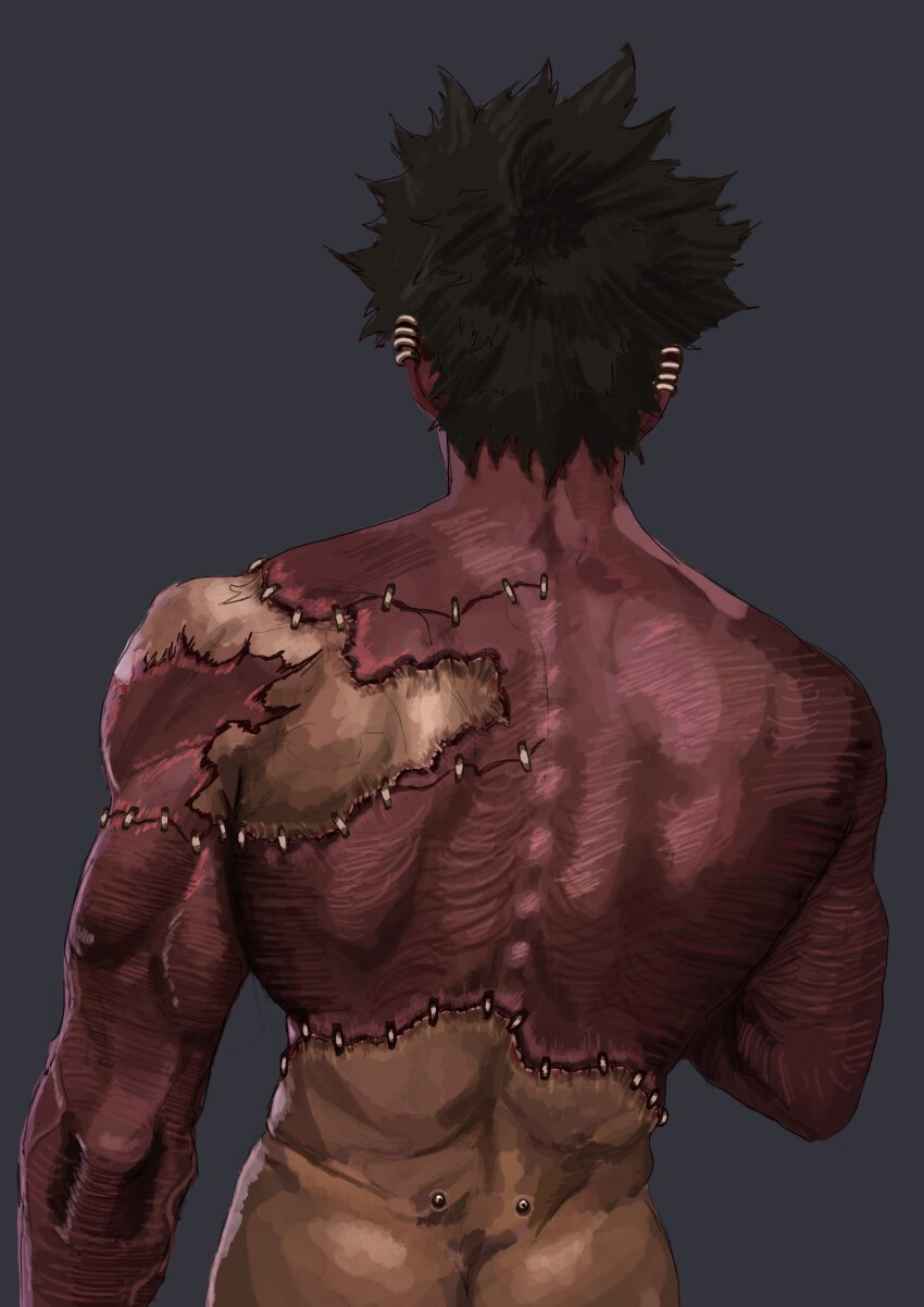 1boy absurdres back black_hair boku_no_hero_academia butt_crack commentary dabi_(boku_no_hero_academia) ear_piercing english_commentary grey_background highres l0chness_ness male_focus muscular muscular_male nude piercing scar scar_on_back short_hair simple_background solo spine stitches upper_body