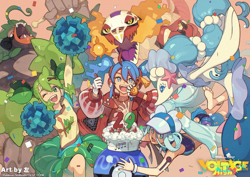 3girls ahoge ball beachball blue_eyes blue_hair cheerleader colored_eyelashes fire fire_miku_(project_voltage) fortissimo gen_7_pokemon gen_8_pokemon gloves grass_miku_(project_voltage) green_eyes green_hair green_skirt hair_between_eyes hair_ornament hat hatsune_miku headphones hidari_(left_side) holding holding_pom_poms jacket jewelry long_hair looking_at_viewer multicolored_hair multiple_girls musical_note musical_note_hair_ornament nintendo official_art open_clothes open_jacket open_mouth pokemon pokemon_(creature) pokemon_day pom_pom_(cheerleading) pom_poms primarina project_voltage puffy_sleeves red_hair rillaboom second-party_source shirt skeledirge skirt smile socks swimsuit tan tanline twintails two-tone_hair very_long_hair visor_cap vocaloid water_miku_(project_voltage) x_hair_ornament zipper_pull_tab