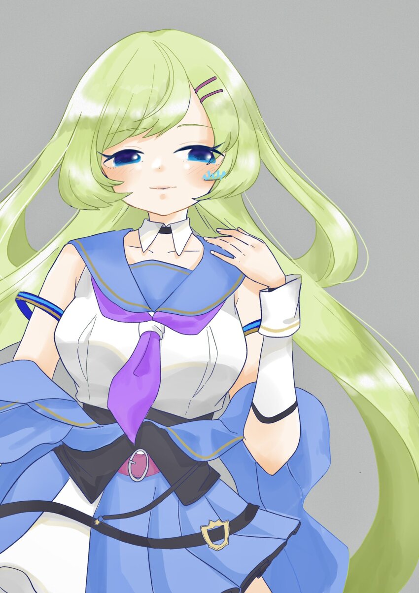 1girl arm_at_side assault_lily belt belt_buckle black_shirt blue_eyes blue_jacket blue_sailor_collar blue_skirt blush breasts buckle closed_mouth commentary cowboy_shot crop_top detached_collar detached_sleeves fumi_(fumifumi3axl) green_hair grey_background hair_ornament hairclip hand_up highres jacket kawabata_hotaru light_smile long_hair looking_at_viewer medium_breasts miniskirt neckerchief odaiba_girls_high_school_uniform off_shoulder pink_belt purple_neckerchief sailor_collar school_uniform serafuku shirt simple_background skirt sleeveless sleeveless_shirt solo twitter_username undershirt very_long_hair white_shirt