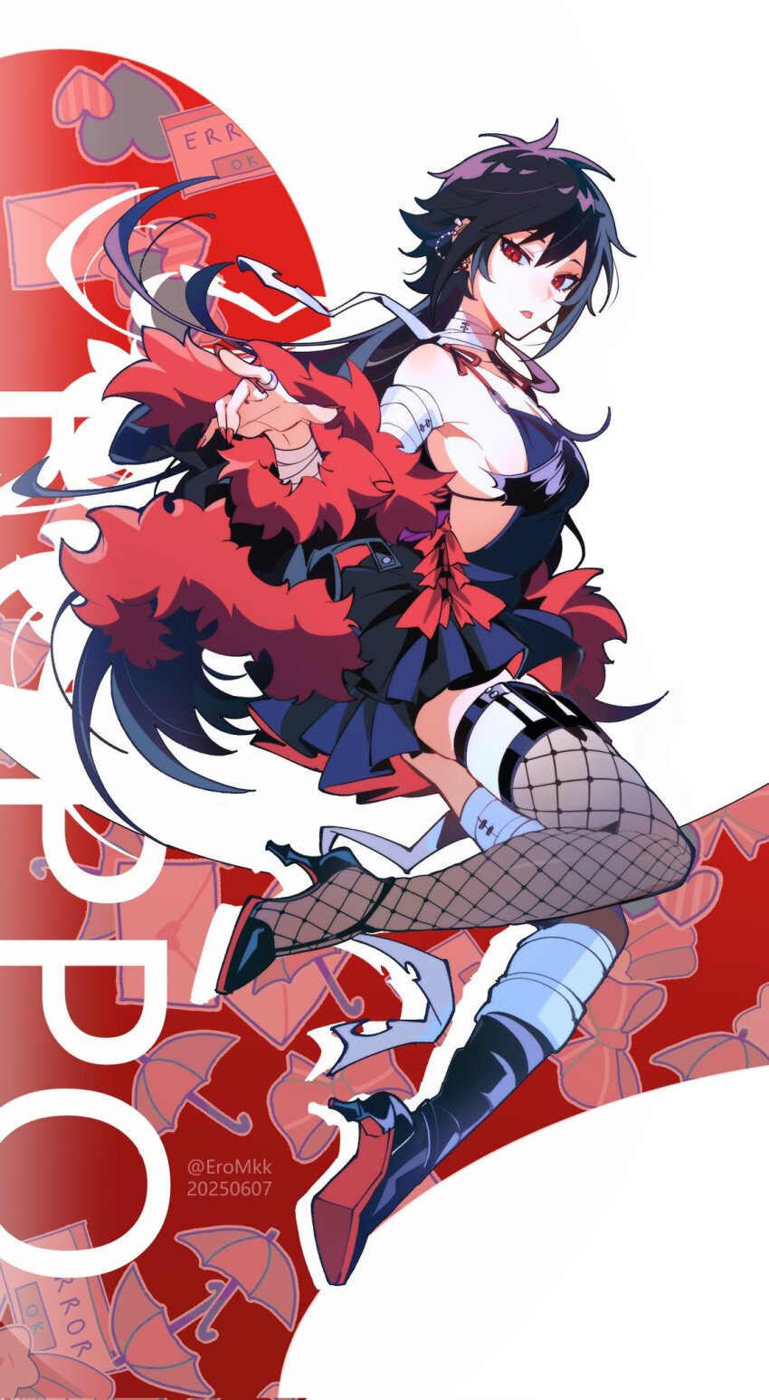 1girl 2025 asymmetrical_footwear asymmetrical_legwear backless_dress backless_outfit bandaged_arm bandaged_leg bandaged_neck bandages black_dress black_hair boots breasts dated dress durarara!! earrings eromkk fishnet_thighhighs fishnets from_side full_body fur-trimmed_jacket fur_trim genderswap genderswap_(mtf) hair_between_eyes high_heel_boots high_heels highres jacket jewelry long_hair looking_at_viewer nail_polish open_clothes open_jacket orihara_izaya red_eyes red_fur red_nails simple_background skindentation slit_pupils solo thighhighs twitter_username