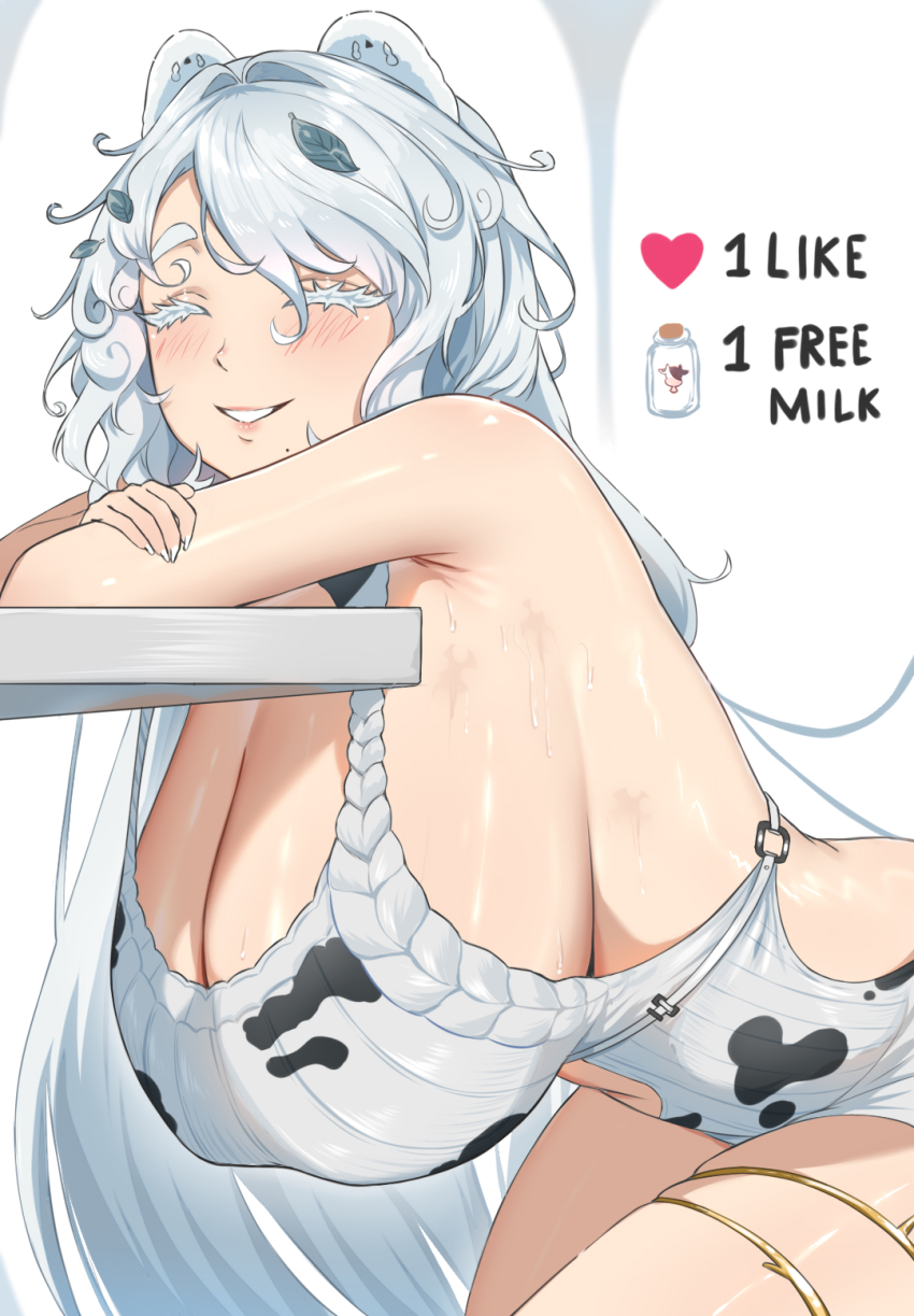 1girl animal animal_on_head animal_print armpits blush breasts cleavage closed_eyes clothing_cutout cow_print cow_print_dress from_side goddess_of_victory:_nikke hair_ornament hanging_breasts highres huge_breasts leaf_hair_ornament leaning_forward leaning_on_table lips long_hair micchan_(micchanmeido) mole mole_under_mouth navel navel_cutout on_head shiny_skin sideboob sideless_dress smile solo sweat thick_eyelashes thigh_strap trina_(nikke) white_background white_hair white_nails