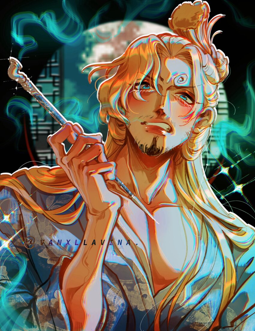 1boy blonde_hair chonmage clenched_teeth commentary curly_eyebrows english_commentary facial_hair goatee highres holding holding_smoking_pipe japanese_clothes kimono long_hair looking_at_viewer male_focus mustache one_piece sanji_(one_piece) smoke smoking_pipe solo teeth topknot twitter_username upper_body vanxllavina