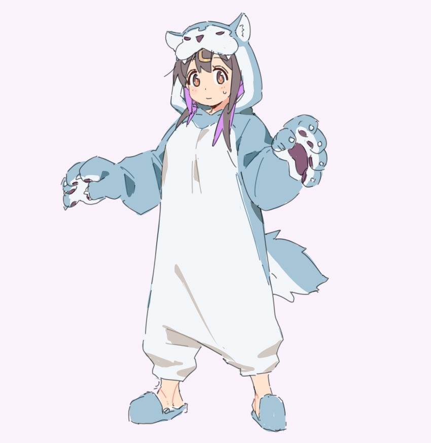 1girl animal_costume animal_ears animal_hands black_hair brown_eyes closed_mouth commentary_request cosplay crocs fake_animal_ears fake_tail full_body gloves grey_background hair_between_eyes hair_ornament hairclip highres hood hood_up karubi_(karubi465558) long_hair looking_at_viewer multicolored_hair no_socks onesie onii-chan_wa_oshimai! oyama_mahiro oyama_mahiro_(cosplay) oyama_mihari paw_gloves purple_hair simple_background solo standing sweatdrop tail two-tone_hair wolf_costume wolf_ears wolf_hood wolf_tail