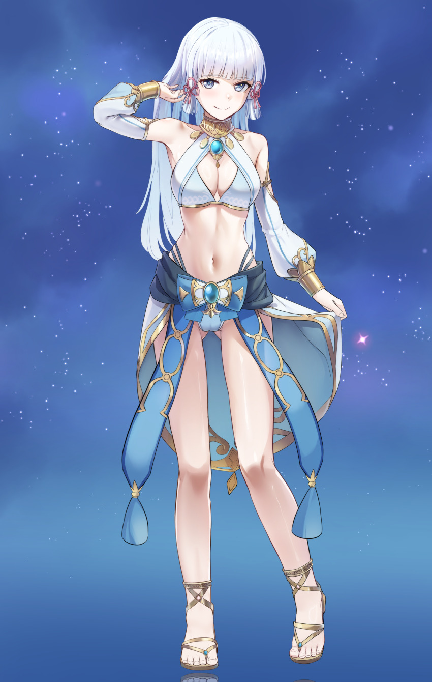 1girl absurdres arm_up ayaka_(genshin_impact) blue_background blue_eyes blue_gemstone blue_skirt blush breasts cleavage closed_mouth commentary cosplay crop_top detached_sleeves fingernails gem genshin_impact gold_trim highres long_hair long_sleeves looking_at_viewer medium_breasts navel nilou_(genshin_impact) nilou_(genshin_impact)_(cosplay) noshiro_tomoya puffy_long_sleeves puffy_sleeves skirt smile solo stomach toenails very_long_hair white_hair