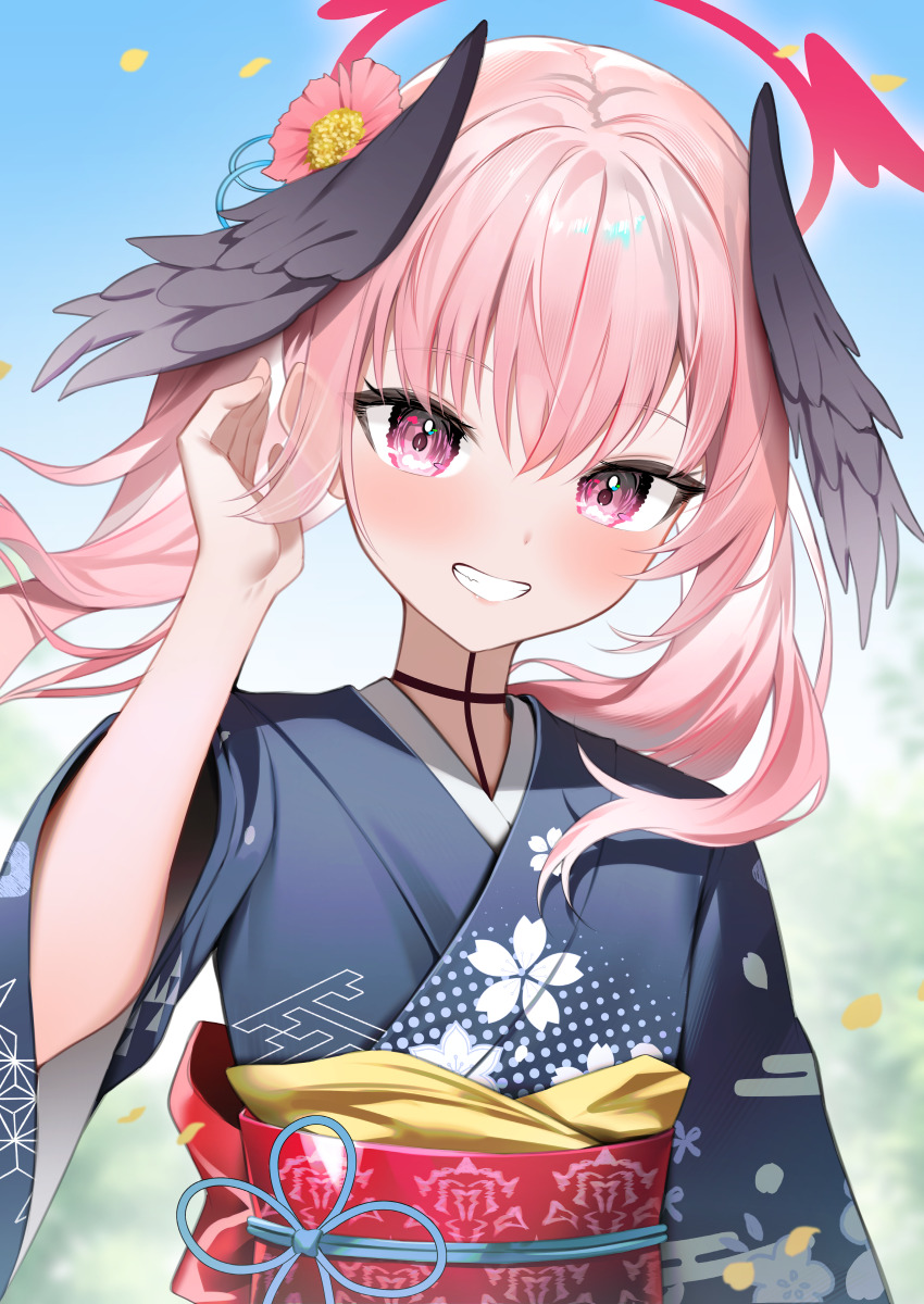 1girl absurdres alternate_costume black_kimono black_wings blue_archive blush feathered_wings floral_print floral_print_kimono flower grin hair_flower hair_ornament head_wings highres japanese_clothes kimono koharu_(blue_archive) long_hair pink_flower pink_hair print_kimono purple_eyes red_sash sash shuvi_(shuvi1125) sidelocks smile solo twintails upper_body very_long_hair wings