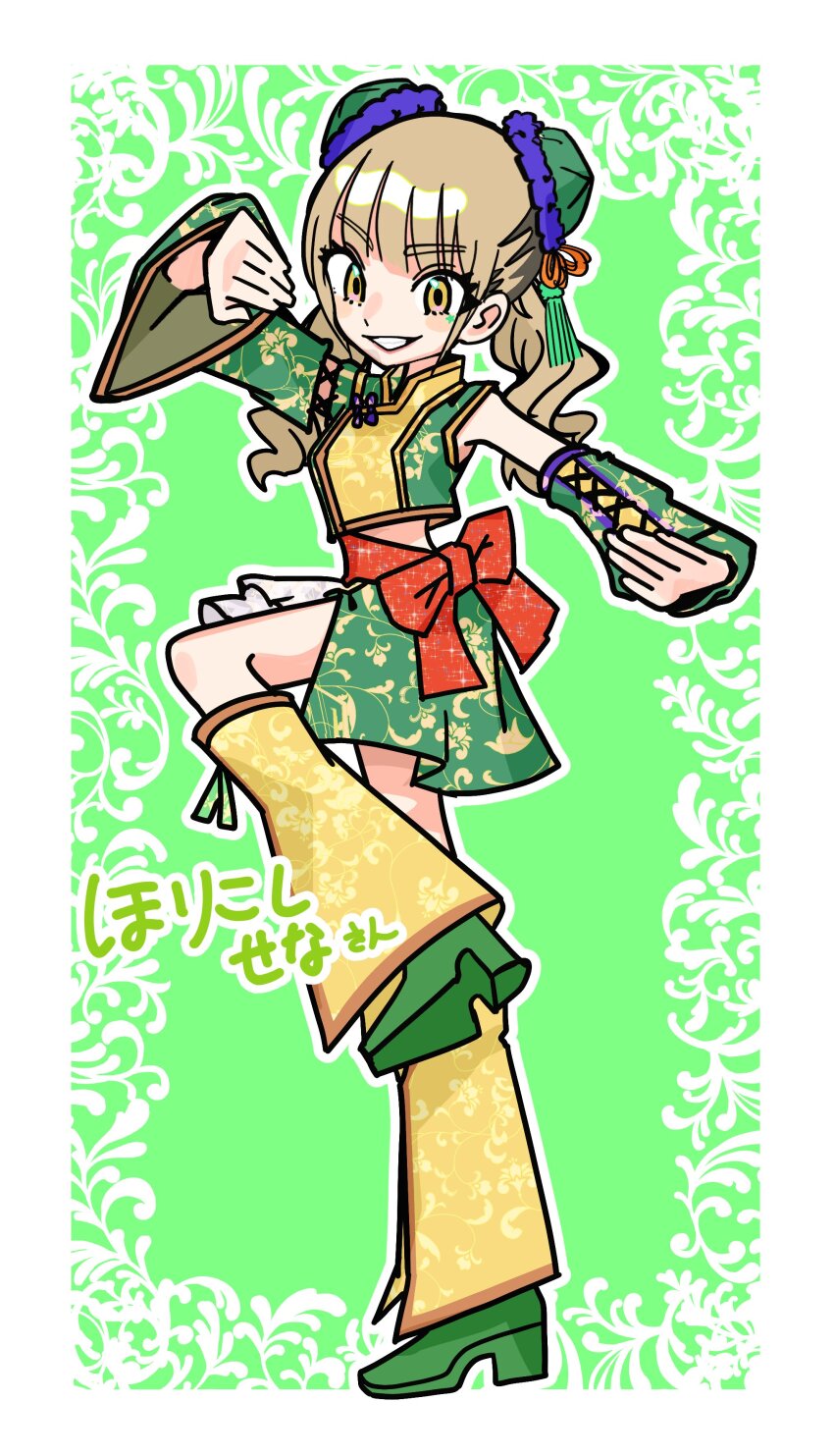 1girl absurdres blunt_bangs blush border bow brown_eyes brown_hair bun_cover character_name chinese_clothes commentary_request cosplay crop_top denonbu detached_sleeves double_bun full_body green_background green_shoes green_skirt green_sleeves hair_bun highres horikoshi_sena kayano_futaba kayano_futaba_(cosplay) leg_warmers long_sleeves looking_at_viewer midriff open_mouth outline real_life red_bow shoes skirt smile solo standing standing_on_one_leg tassel tsuzutsu twintails voice_actor_connection waist_bow white_border white_outline wide_sleeves