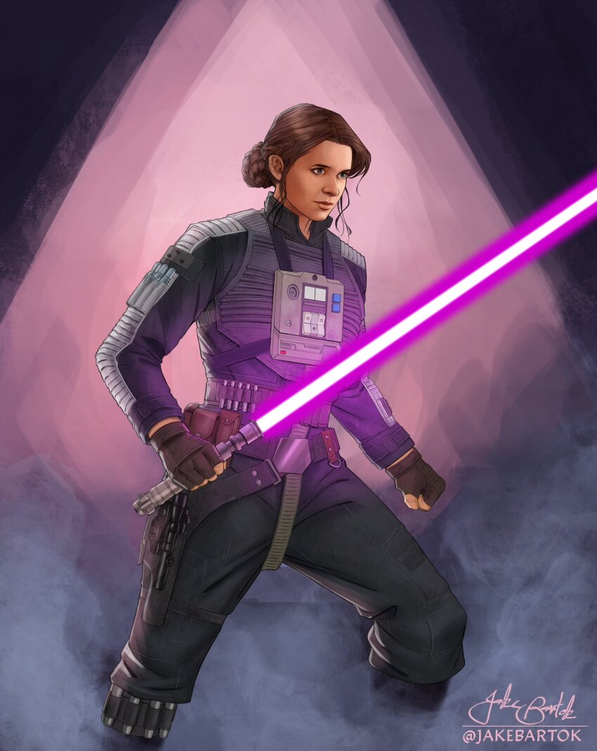 1girl armor artist_name black_jacket black_pants breastplate brown_eyes brown_gloves brown_hair energy_sword fingerless_gloves gloves hair_bun highres holding holding_sword holding_weapon holster jacket jaina_solo jr_bartok lightsaber pants purple_lightsaber science_fiction signature solo star_wars sword weapon