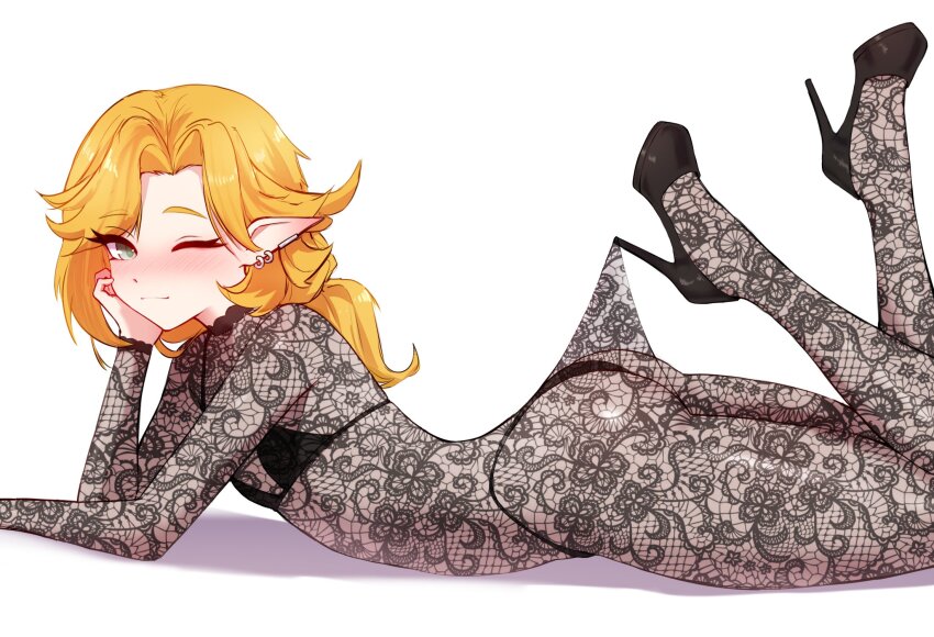 1girl ass black_bra black_panties black_pantyhose black_shoes blonde_hair blush bra breasts cgator closed_mouth commentary dokibird ear_piercing english_commentary high_heels highres indie_virtual_youtuber lace_pantyhose_hooked_on_heel_(meme) long_hair looking_at_viewer meme one_eye_closed panties pantyhose piercing pointy_ears shoes simple_background small_breasts smile solo underwear virtual_youtuber white_background