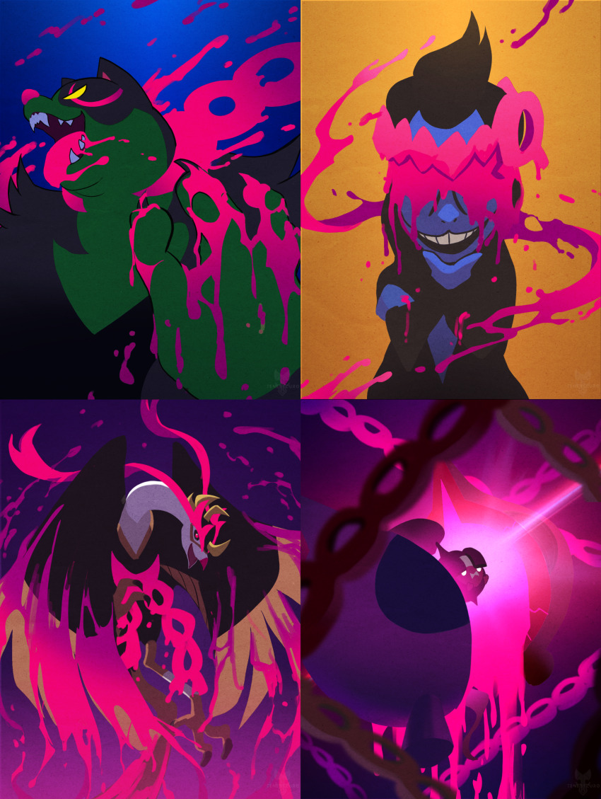 absurdres artist_name black_sclera blue_background chain claws colored_sclera commentary_request covered_eyes fezandipiti flying glowing grin hand_on_own_chin highres munkidori nintendo no_humans okidogi open_mouth pecharunt poison pokemon pokemon_(creature) pokemon_focus purple_background red_eyes sharp_teeth smile teeth tenebscuro tongue tongue_out white_eyes wings yellow_background yellow_eyes