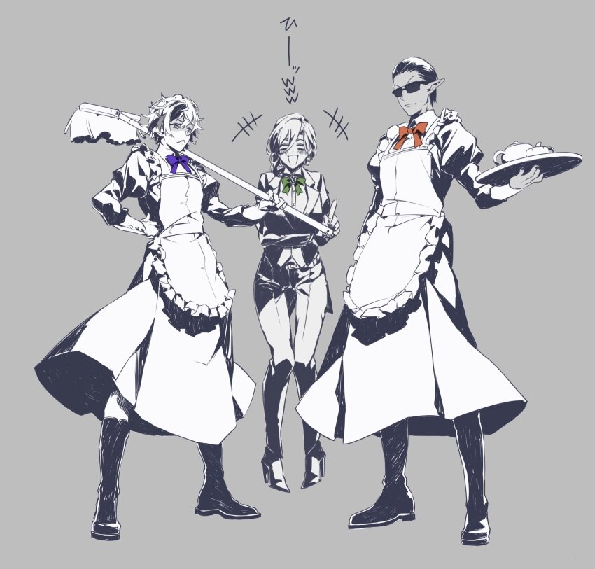+++ 1girl 2boys apron bow bowtie closed_mouth fuwa_minato green_bow green_bowtie grey_background greyscale gwelu_os_gar highres holding holding_tray jip long_sleeves maid_apron monochrome multiple_boys night_kingdom_(nijisanji) nijisanji open_mouth orange_bow orange_bowtie pointy_ears purple_bow purple_bowtie shirayuki_tomoe spot_color sunglasses tray virtual_youtuber