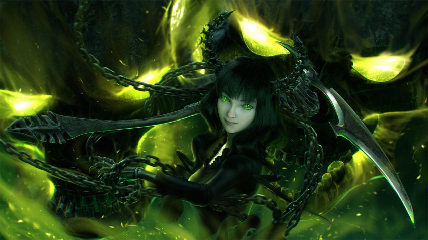 10s 1girl black_hair black_rock_shooter chain dark_background dead_master female_focus fire glowing glowing_eyes green_eyes green_fire highres horns looking_at_viewer md5_mismatch realistic resized scythe smile solo upper_body wen_jr