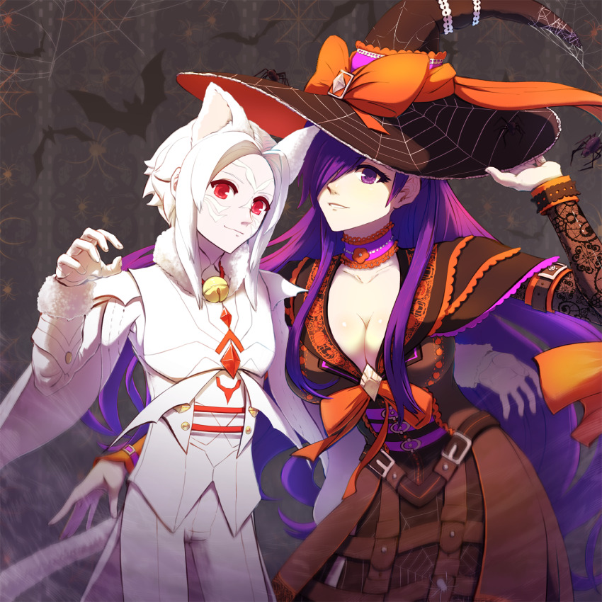 1girl 1other alternate_costume arval_(fire_emblem) breasts cape chibi-pit choker cleavage closed_mouth female_shez_(fire_emblem) fire_emblem fire_emblem:_three_houses fire_emblem_warriors:_three_hopes gloves hair_bun hair_over_one_eye halloween halloween_costume hat highres large_breasts long_hair looking_at_viewer medium_breasts medium_hair nintendo purple_eyes purple_hair short_hair single_hair_bun smile