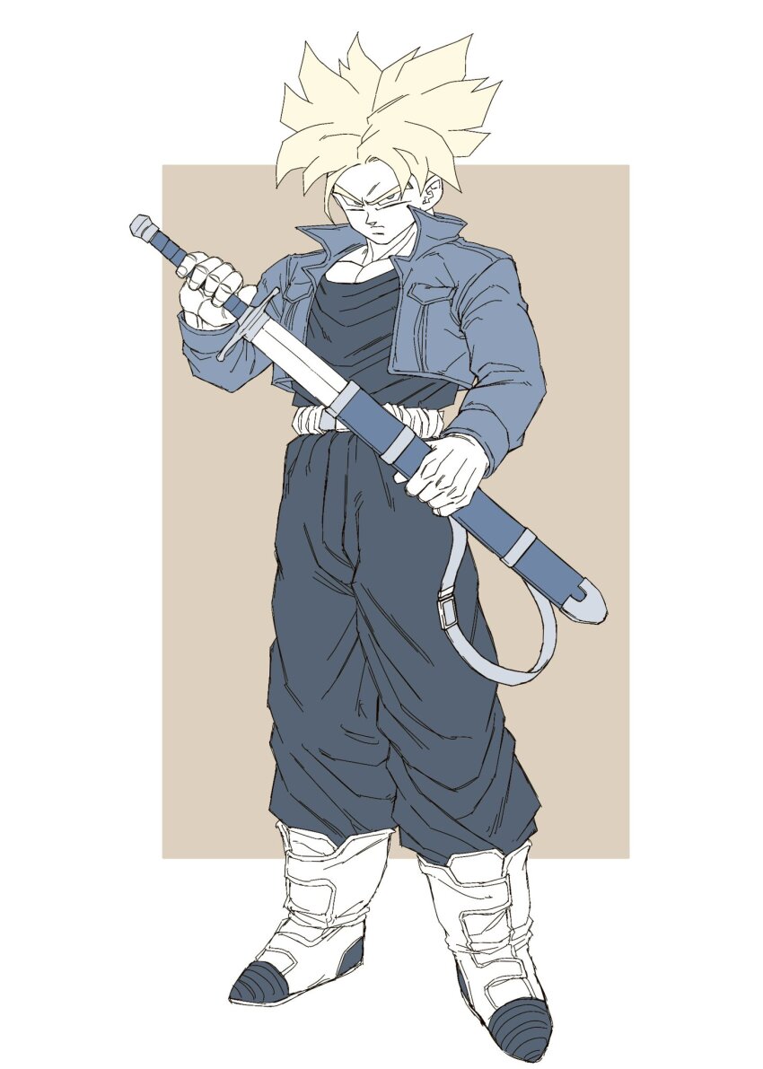 1boy blonde_hair dragon_ball looking_at_viewer pectorals serious solo spiked_hair super_saiyan sword trunks_(dragon_ball) trunks_(future)_(dragon_ball) weapon