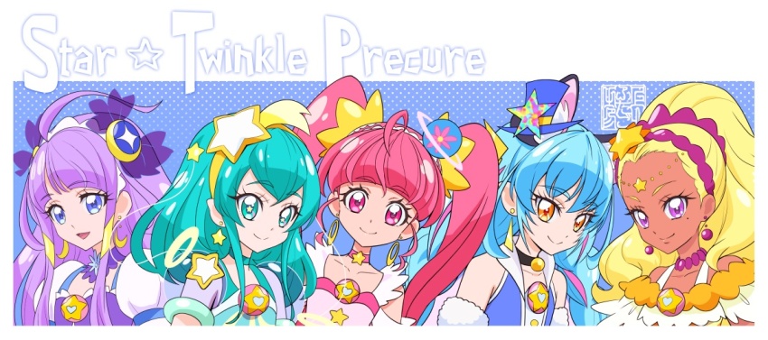 5girls amamiya_elena animal_ears aqua_eyes aqua_hair artist_logo blonde_hair blue_eyes blue_hair cat_ears choker commentary_request copyright_name cure_cosmo cure_milky cure_selene cure_soleil cure_star earrings extra_ears eyelashes hagoromo_lala hair_ornament happy hoshina_hikaru jewelry kaguya_madoka kamikita_futago logo looking_at_viewer magical_girl multiple_girls orange_eyes pink_eyes pink_hair precure purple_eyes purple_hair smile star_twinkle_precure twintails yuni_(precure)