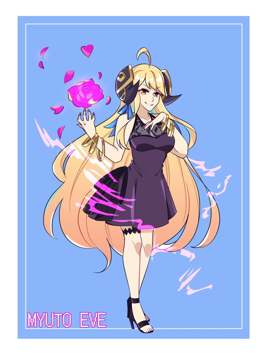 ahoge alternate_eye_color aura bare_arms bare_legs bare_shoulders blonde_hair blue_background bracelet breasts corrupted corruption cygames dark_persona dragalia_lost dress evil_smile floating floating_object flower hair_ribbon hand_on_own_chest high_heels highres jewelry long_hair magic morsayati myuto_eve nintendo official_alternate_costume possessed possession ribbon slit_pupils smile solo thigh_strap yellow_eyes zethia