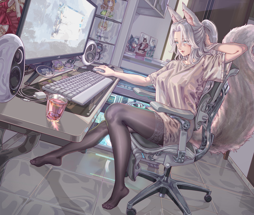 1girl absurdres animal_ears black_pantyhose blue_eyes breasts chair commission desk desktop_(computing) drink feet figure fox_ears fox_girl fox_tail highres large_breasts leveen long_hair office_chair original otaku_room pantyhose ponytail second-party_source see-through_clothes shirt sitting solo swivel_chair tail white_hair white_shirt