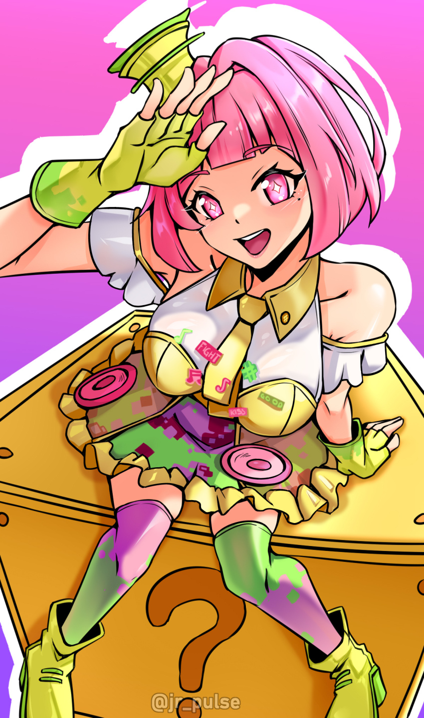 +_+ 1girl ?_block arm_support arm_up artist_name bare_shoulders bob_cut breasts collarbone collared_dress commentary dress english_commentary fingerless_gloves from_above gloves green_footwear green_gloves green_hat green_thighhighs hat highres jrpulse kamen_rider kamen_rider_ex-aid_(series) large_breasts looking_at_viewer medium_hair mini_hat mole mole_under_eye multicolored_dress necktie open_mouth pink_background pink_eyes pink_hair pink_thighhighs poppi_pipopapo sitting smile solo teeth thighhighs thighs two-tone_thighhighs upper_teeth_only yellow_dress yellow_necktie
