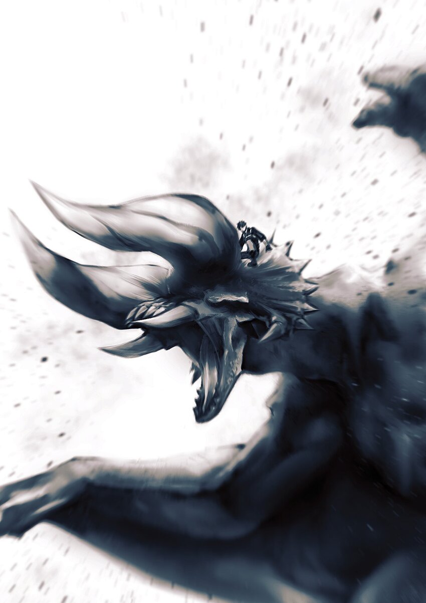 1boy crossover diablos dragon fate/grand_order fate_(series) fujimaru_ritsuka_(male) fujimaru_ritsuka_(male)_(polar_chaldea_uniform) giant giant_monster gloves greyscale highres horns monochrome monster monster_hunter_(series) open_mouth riding riding_animal roaring tusks urup_zzz wings wyvern