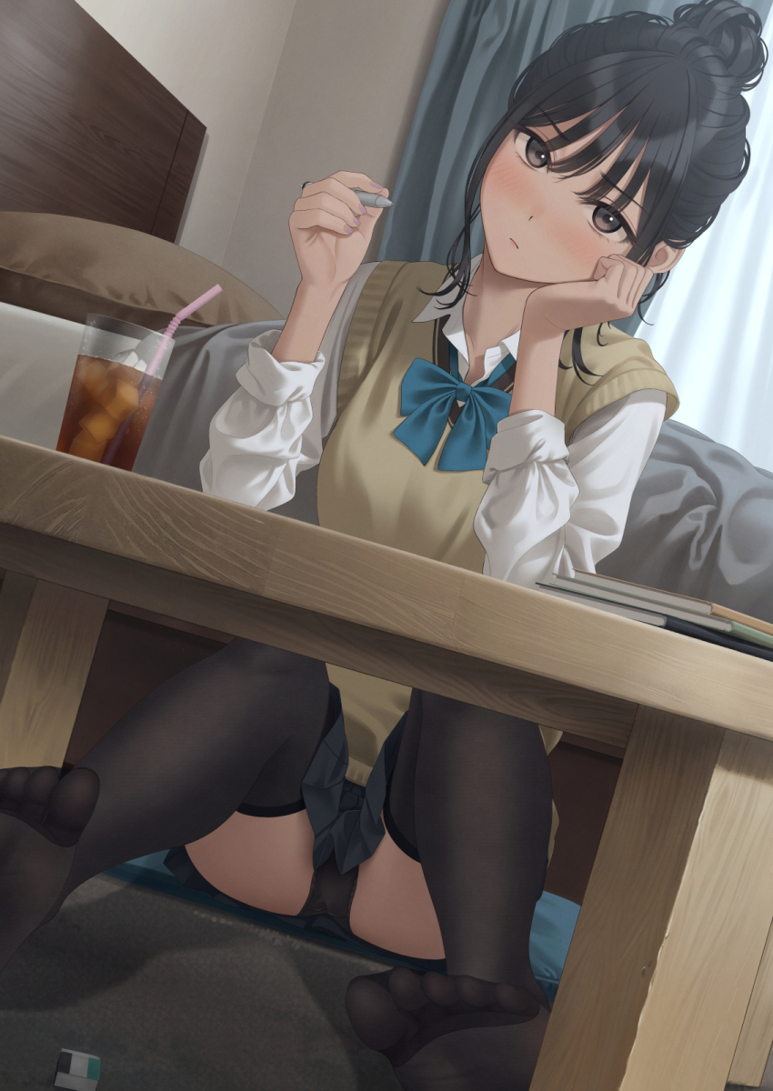 1girl bed bedroom black_hair black_thighhighs blue_bow blue_bowtie bow bowtie collared_shirt commentary_request cup curtains cushion drinking_glass drinking_straw highres holding holding_pen iced_tea indoors looking_at_viewer no_legwear original pen pillow school_uniform shirt sleeves_rolled_up solo sweater_vest table thighhighs white_shirt wooden_table yellow_sweater_vest yukishima_momo zabuton