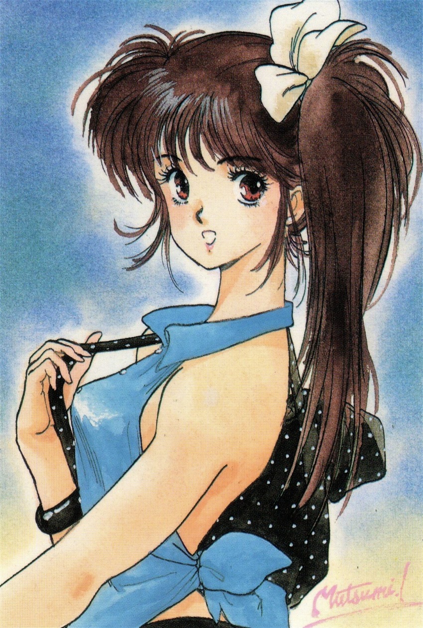 1girl brown_hair female_focus highres inomata_mutsumi long_hair original painting_(medium) parted_lips red_eyes retro_artstyle side_ponytail signature solo traditional_media watercolor_(medium)