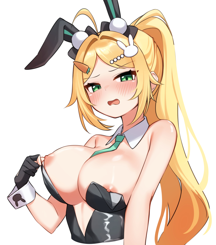 1girl absurdres ahoge animal_ears bare_arms bare_shoulders black_gloves black_leotard black_survival blonde_hair breasts carrot_hair_ornament cleavage cropped_torso detached_collar embarrassed eternal_return:_black_survival fake_animal_ears food-themed_hair_ornament frown gloves green_eyes hair_ornament hand_up highres large_breasts leotard long_hair looking_at_viewer necktie nicky_blake nicky_blake_(bad_beat) nipple_slip nipples official_alternate_costume open_mouth parted_bangs partially_fingerless_gloves playboy_bunny ponytail rabbit_ears short_necktie sidelocks simple_background solo strapless strapless_leotard v-shaped_eyebrows very_long_hair wardrobe_malfunction white_background wrist_cuffs ziro_(zirorong)