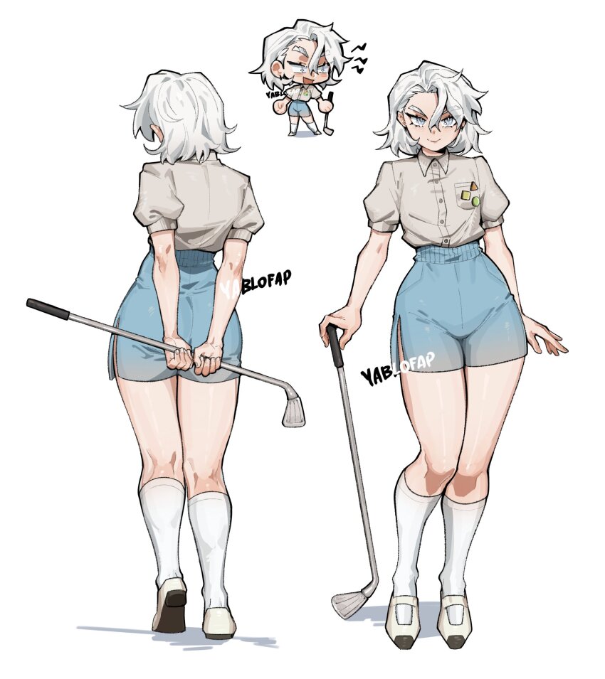 1girl absurdres alohapz ass blue_shorts brown_shirt chibi closed_mouth collared_shirt golf_club grey_eyes grey_hair highres holding holding_golf_club kneehighs looking_at_viewer open_mouth original shirt shoes short_hair short_sleeves shorts simple_background socks solo white_background white_shoes white_socks