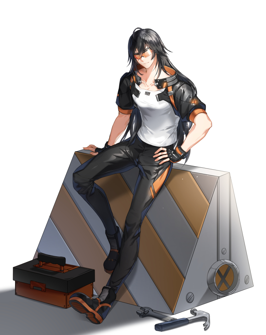 1boy adjustable_wrench ahoge alternate_hair_length alternate_hairstyle ankle_boots arm_support black_boots black_gloves black_hair black_jacket black_pants blue_eyes boots chulsoo_kim_(closers) claw_hammer closed_mouth closers cropped_jacket eyes_visible_through_eyewear fingerless_gloves full_body gloves hair_between_eyes hammer hand_on_own_hip highres jacket leather leather_jacket leather_pants long_hair male_focus official_art open_clothes open_jacket orange-tinted_eyewear pants pants_tucked_in puffy_short_sleeves puffy_sleeves roadblock safety_glasses shadow shirt short_sleeves smile solo tinted_eyewear toolbox white_background white_shirt wrench