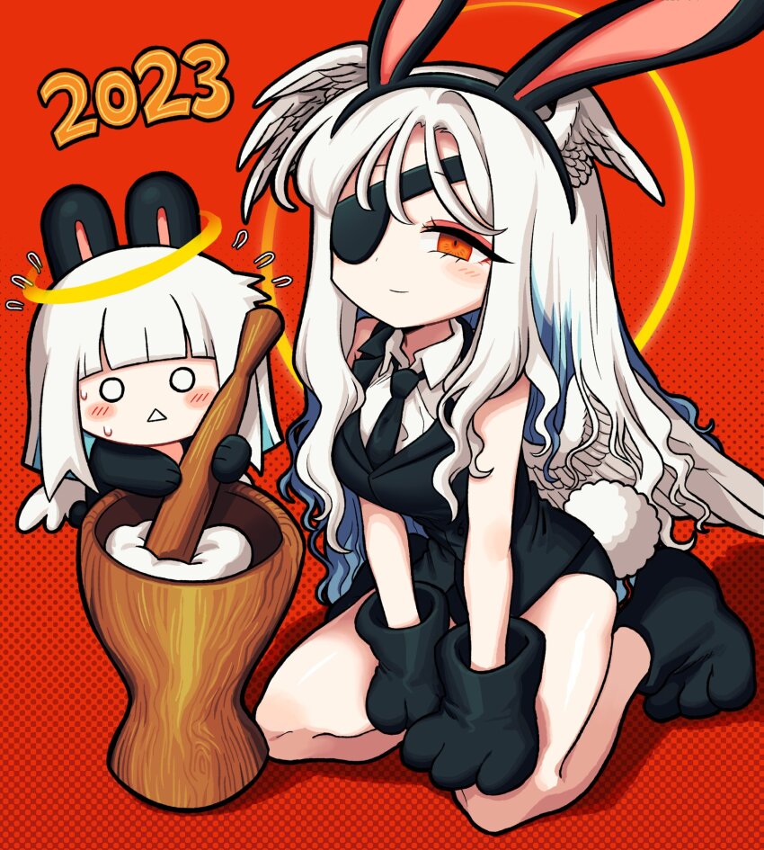 1girl 2023 angel angel_wings animal_ears animal_hands blue_hair chibi chinese_zodiac commentary dated english_commentary eyepatch fake_animal_ears fake_tail feathered_wings food gloves halo halo_behind_head head_wings highres kneeling leotard long_hair mochi mochitsuki mortar_(bowl) multiple_wings new_year orange_eyes original paw_gloves paw_shoes playboy_bunny rabbit_ears rabbit_tail red_background satanmanse tail white_hair white_wings wings year_of_the_rabbit
