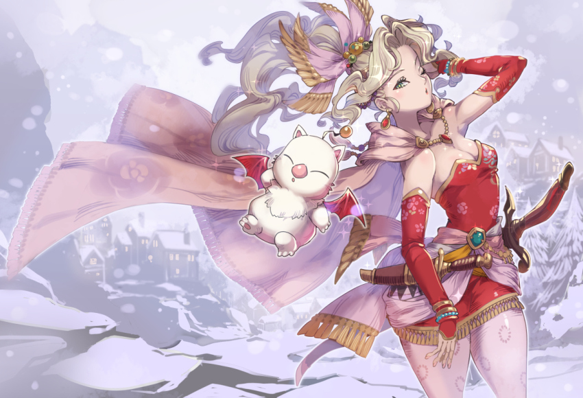 1girl bead_bracelet beads border bracelet breasts cape cleavage cowboy_shot creature dagger detached_sleeves dress earrings final_fantasy final_fantasy_vi green_eyes green_hair hair_ribbon hand_in_own_hair jewelry knife knife_sheath kuwango long_hair looking_at_viewer medium_breasts moogle one_eye_closed outdoors pantyhose parted_bangs pink_cape ponytail print_pantyhose red_dress red_sleeves ribbon sash sheath short_dress snow strapless strapless_dress sword thighs tina_branford town tube_dress waist_sash wavy_hair weapon
