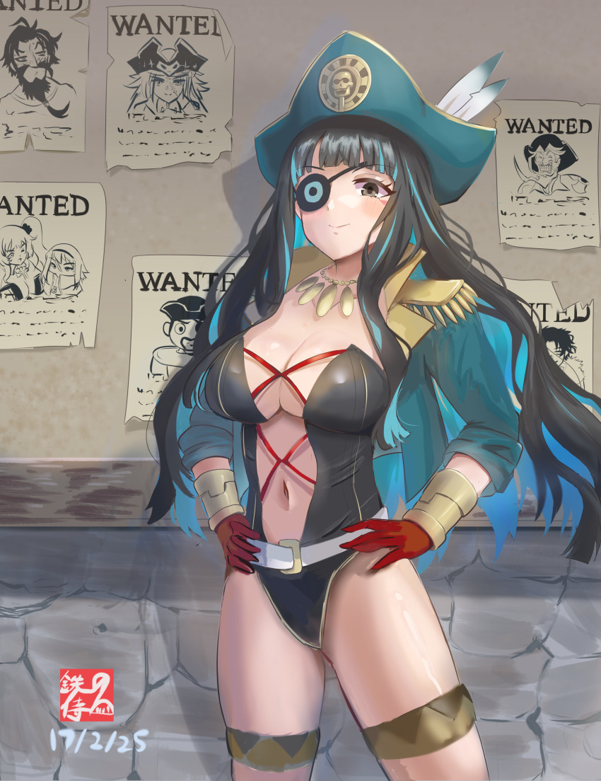 1girl absurdres anne_bonny_(fate) bartholomew_roberts_(fate) black_hair black_leotard blue_hair blue_jacket blush breasts center_opening christopher_columbus_(fate) cleavage dated edward_teach_(fate) epaulettes eyepatch fate/grand_order fate_(series) francis_drake_(fate) grey_eyes hands_on_own_hips highres jacket leotard long_hair looking_at_viewer mary_read_(fate) multicolored_hair navel pirate shoulder_pads smile solo tenochtitlan_(fate) tetsu_no_samurai thigh_strap two-tone_hair wanted_poster