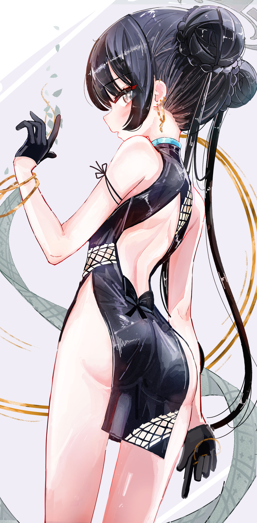1girl a1u absurdres ass back_cutout backless_dress backless_outfit bare_arms bare_legs black_bow black_dress black_gloves black_hair blue_archive blush bow bracelet braid braided_bun bun_with_braided_base china_dress chinese_clothes clothing_cutout commentary double_bun dragon_print dress dress_bow duplicate earrings eyes_visible_through_hair from_behind gloves grey_eyes grey_halo hair_bun half_gloves halo hand_up highres hip_vent jewelry kisaki_(blue_archive) loli long_hair looking_at_viewer looking_back nape no_panties open_mouth pelvic_curtain print_dress side_slit sleeveless sleeveless_dress solo standing thighs twintails very_long_hair