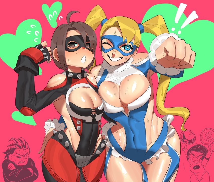 1boy 3girls arms_up blonde_hair blue_eyes breasts bright_pupils brown_eyes capcom cleavage cleavage_cutout clothing_cutout collar crossed_arms dancho_no_mori flying_sweatdrops heart highres justice_gakuen kazama_akira kazama_daigo large_breasts mask multiple_girls pink_background rainbow_mika revealing_clothes scar scar_across_eye scar_on_face shiny_skin short_hair shoulder_cutout side_cutout skull spiked_collar spikes street_fighter sweat twintails wrestling_outfit yamato_nadeshiko_(street_fighter)