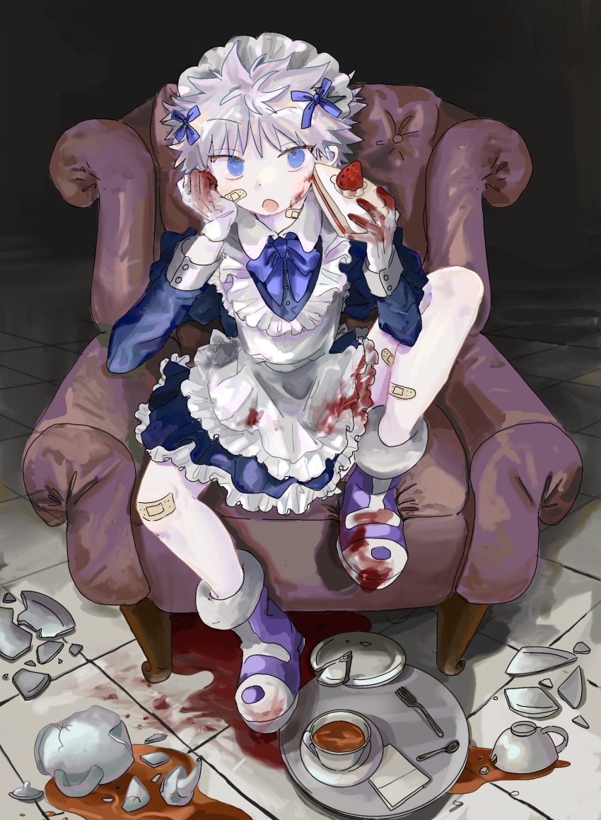 1boy :o alternate_costume ambiguous_red_liquid apron bandaid bandaid_on_knee bandaid_on_leg bandaid_on_thigh bishounen blue_bow blue_dress blue_eyes bow bowtie broken_cup cake cake_slice crossdressing cup dress elbow_rest enmaided food frilled_apron frilled_dress frills full_body fur-trimmed_footwear fur_trim gloves gradient_background hair_bow highres holding holding_cake holding_food hunter_x_hunter killua_zoldyck knee_up looking_at_viewer maid male_focus on_chair open_mouth peter_pan_collar purple_footwear raised_eyebrows saucer short_hair sitting sleeve_cuffs solo spill split_mouth strawberry_shortcake swept_bangs taiheiyo teacup teapot tile_floor tiles tray tsurime very_short_hair white_apron white_gloves white_hair