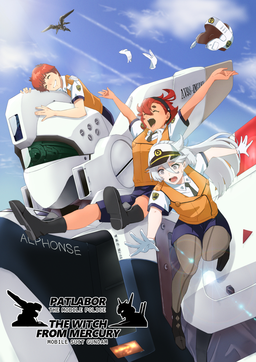 3girls alphonse_(av-98_ingram) black_hairband blue_sky buchi_holes closed_eyes copyright_name crossover english_text gloves grey_eyes grin gundam gundam_suisei_no_majo hairband hat helmet highres izumi_noa kidou_keisatsu_patlabor long_hair mecha miorine_rembran multiple_girls orange_hair police police_uniform policewoman red_hair robot short_hair sky slipping smile suletta_mercury takatoshi trait_connection type_j-9_griffon unworn_gloves unworn_headwear unworn_helmet white_gloves white_hair