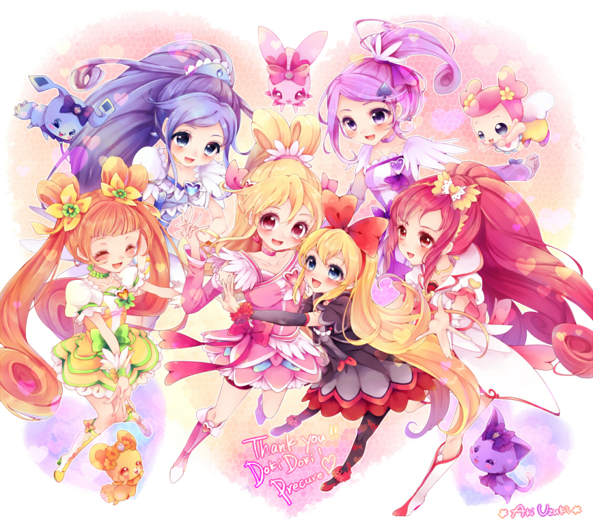 6+girls ai-chan_(dokidoki!_precure) aida_mana animal_print artist_name asymmetrical_clothes bat_print blonde_hair blue_dress blue_eyes blue_hair blue_skirt blush boots bow brooch choker closed_eyes copyright_name cure-ace cure_ace cure_diamond cure_heart cure_rosetta cure_sword curly_hair davi_(dokidoki!_precure) dokidoki!_precure double_bun dress earrings english_text eyelashes hair_bun hair_flip hair_ornament hair_ribbon hairclip half_updo happy heart heart_brooch heart_hair_bun high_heels high_ponytail hishikawa_rikka jewelry kenzaki_makoto knee_boots kneehighs looking_at_viewer madoka_aguri magical_girl mosaic_background multiple_girls open_mouth orange_dress orange_hair pantyhose pink_bow pink_dress pink_eyes pink_skirt ponytail precure print_legwear purple_dress purple_eyes purple_hair purple_skirt rakeru_(dokidoki!_precure) rance_(dokidoki!_precure) red_dress red_eyes red_hair red_skirt regina_(dokidoki!_precure) ribbon sharuru_(dokidoki!_precure) side_ponytail signature skirt smile socks thigh_boots thighhighs thighs twintails uzuki_aki waist_bow yellow_skirt yotsuba_alice