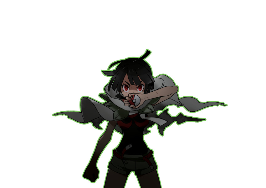 1girl absurdres black_hair cape clenched_hand eyelashes green_outline highres holding holding_poke_ball looking_at_viewer nintendo official_art oomura_yuusuke outer_glow outline poke_ball poke_ball_(basic) pokemon pokemon_oras red_eyes second-party_source solo transparent_background v-shaped_eyebrows zinnia_(pokemon)