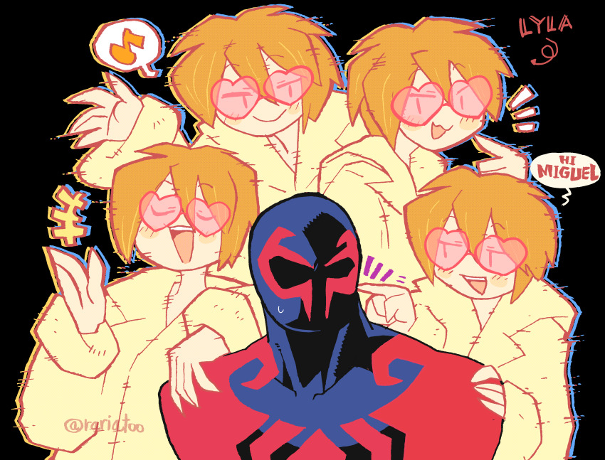 1boy 1girl absurdres animal_print blue_bodysuit blue_mask bodysuit broad_shoulders brown_hair character_name cheekbones english_text heart heart-shaped_eyewear highres lyla_(marvel) marvel miguel_o&#039;hara muscular muscular_male opaque_sunglasses print_bodysuit rariatto_(ganguri) red_bodysuit short_hair skin_tight spider-man:_across_the_spider-verse spider-man_(2099) spider-man_(series) spider-verse spider_print superhero_costume two-tone_bodysuit