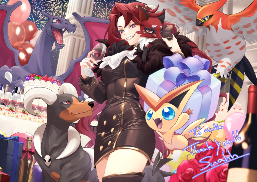 1girl alcohol alternate_color artist_name ascot berry_(pokemon) bird black_dress black_eyes blue_eyes blue_sclera bluk_berry blurry blurry_foreground bottle box breasts buttons cake charizard claws closed_mouth colored_sclera commission cowboy_shot cup dress drink drinking_glass dutch_angle english_text fang fang_out fangs feather_boa female_focus fireworks flower food fox fruit gen_1_pokemon gen_2_pokemon gen_5_pokemon gen_6_pokemon gen_8_pokemon gift gift_box gold_trim grin half-closed_eyes hands_up happy highres holding holding_drink holding_drinking_glass houndoom indoors legendary_pokemon long_hair long_sleeves looking_at_another looking_at_viewer looking_up matching_hair/eyes medium_breasts mythical_pokemon nickit nintendo on_shoulder open_mouth original parfait pokemon pokemon_(creature) pokemon_on_shoulder razz_berry red_eyes red_flower red_hair red_rose rose shiny_pokemon short_dress sidelocks signature skeb_commission smile standing strawberry suahh table talonflame teeth thank_you thighs tongue victini white_ascot wine wine_bottle wine_glass yellow_eyes