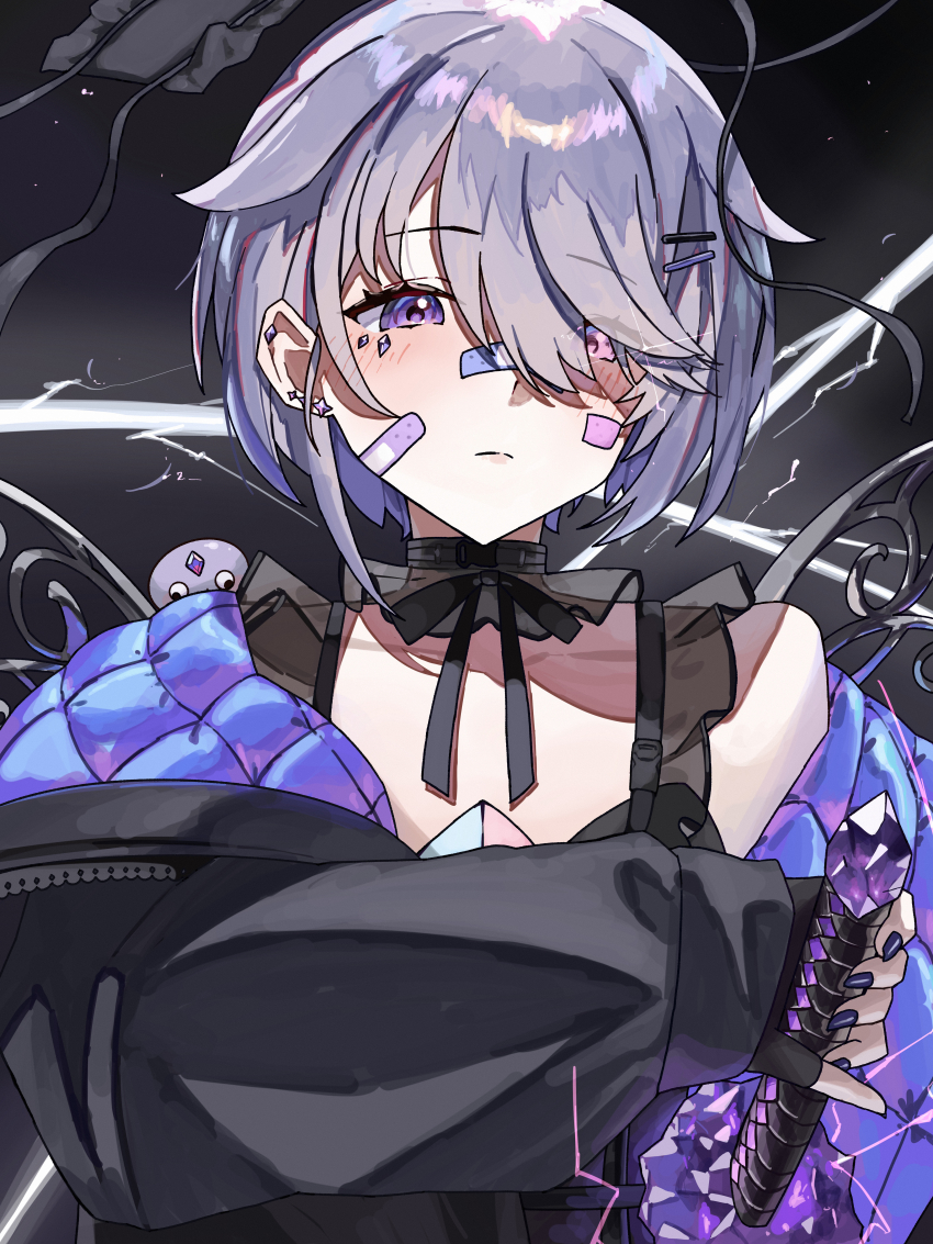 1girl absurdres bandaid bandaid_on_face bandaid_on_nose black_gloves closed_mouth commentary english_commentary ewn fingerless_gloves gem gloves grey_hair hair_flaps hair_over_one_eye highres holding holding_sword holding_weapon hololive hololive_english jewel_under_eye katana koseki_bijou koseki_bijou_(casual) long_sleeves looking_at_viewer metal_wings nail_polish official_alternate_costume official_alternate_hairstyle pebble_(koseki_bijou) purple_eyes purple_gemstone purple_nails quilted_jacket short_hair sleeves_past_wrists solo swept_bangs sword tomato_(sword) upper_body virtual_youtuber weapon