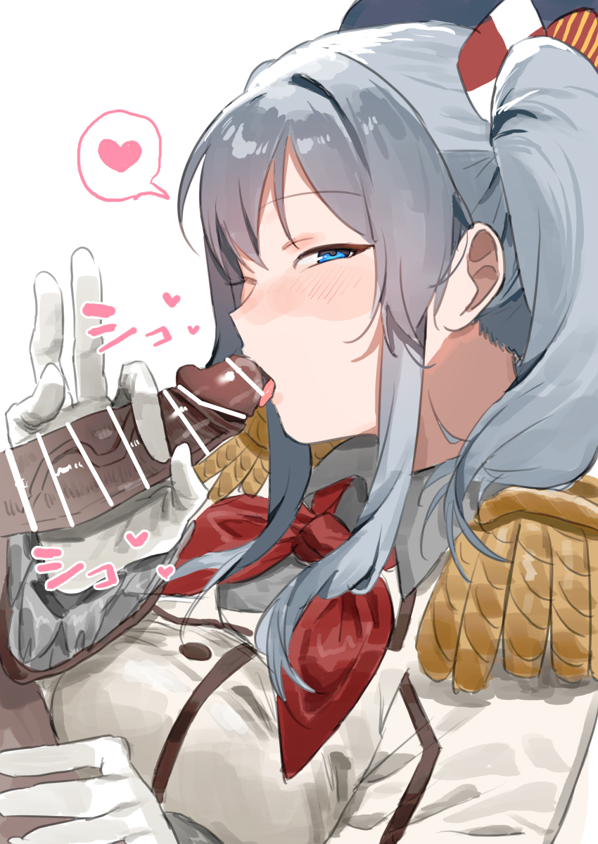 1boy 1girl absurdres bar_censor beret blue_eyes blue_hat censored clothed_female_nude_male commentary_request epaulettes fellatio gloved_handjob gloves grey_hair grey_shirt handjob hat hetero highres jacket kantai_collection kashima_(kancolle) looking_at_viewer military_hat military_uniform neckerchief nude oral penis puffy_sleeves red_neckerchief shirt shishamo_(domado) testicle_grab tongue tongue_out two_side_up white_jacket