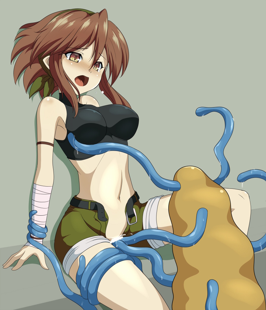 1girl absurdres bandaged_wrist bandages bandit_(tales_of_destiny_2) bar_censor belt black_belt black_sports_bra blush breasts brown_eyes brown_hair censored clam_curry feet_out_of_frame green_hairband green_shorts grey_background hairband highres medium_breasts midriff monster navel no_panties open_fly open_mouth paid_reward_available pussy short_hair short_shorts shorts sitting sports_bra tales_of_(series) tales_of_destiny tales_of_destiny_2 tearing_up tentacle_sex tentacles vaginal