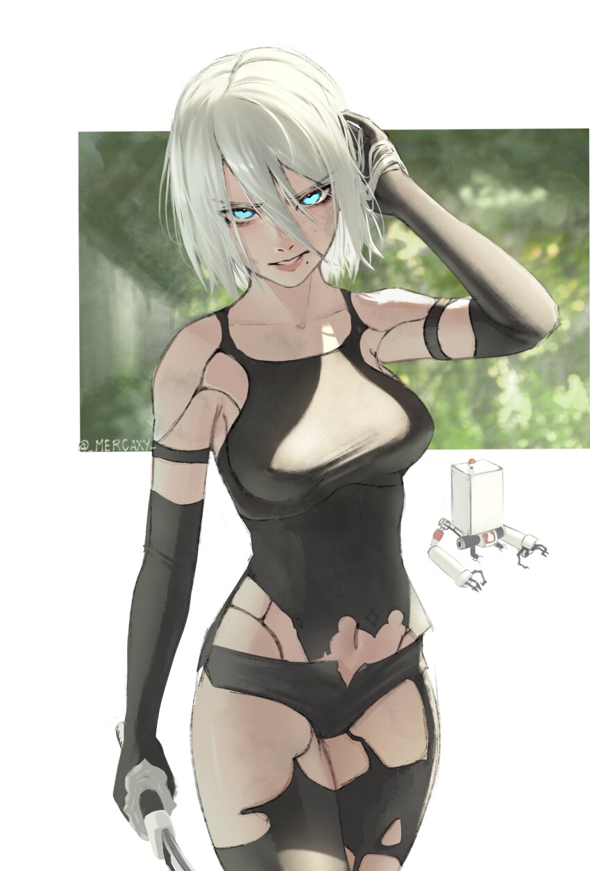 1girl a2_(nier:automata) absurdres alternate_hair_length alternate_hairstyle android artist_name bare_shoulders black_gloves blue_eyes breasts commentary elbow_gloves english_commentary gloves highres joints large_breasts looking_at_viewer mercaxy mole mole_under_mouth navel nier:automata nier_(series) no_blindfold robot_joints short_hair shorts sword thighhighs torn_clothes twitter_username virtuous_contract weapon white_hair yorha
