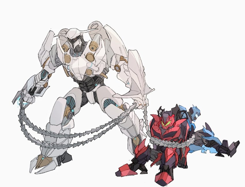 assault_visor bound chain grey_background highres hinomoto_gen holding holding_chain ksi_boss ksi_sentry ksi_stinger looking_down mecha robot science_fiction sitting tied_up_(nonsexual) transformers transformers:_age_of_extinction transformers_(live_action) white_background yellow_eyes