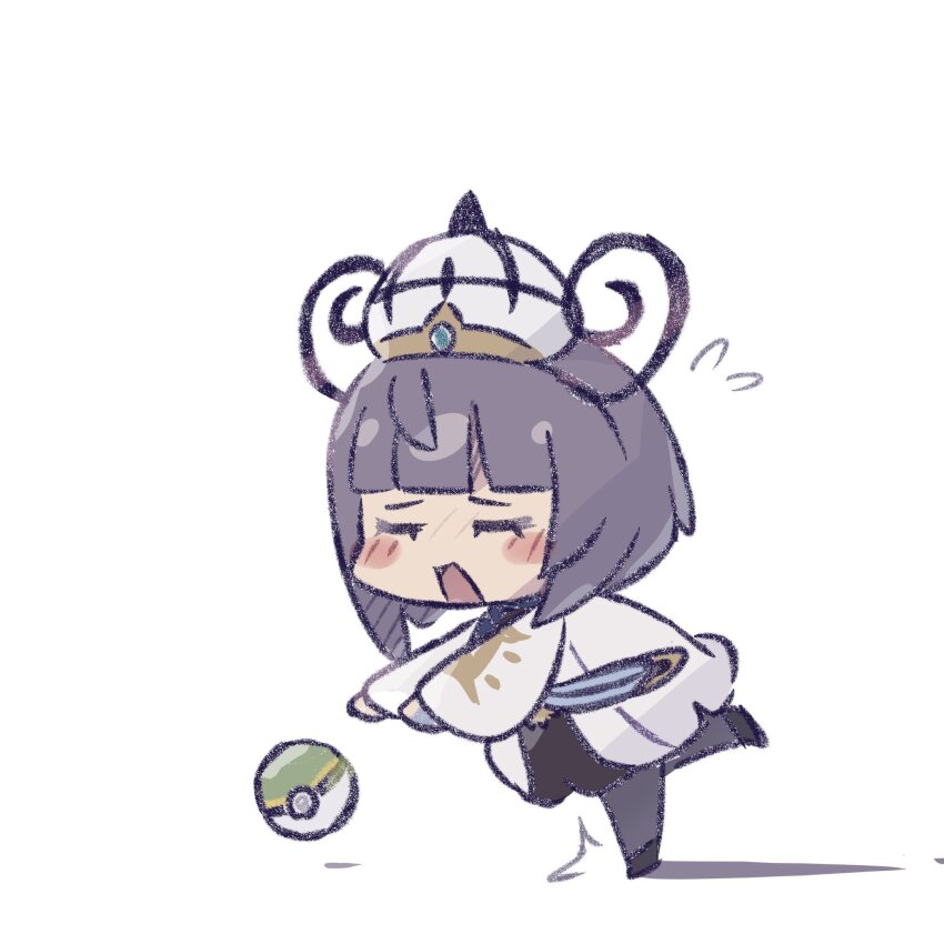 1girl black_dress bob_cut chibi chibi_only closed_eyes coat dress dropping flying_sweatdrops full_body gwynn_(pokemon) hat highres long_sleeves nest_ball nintendo open_clothes open_coat open_mouth pantyhose poke_ball pokemon pokemon_legends:_z-a purple_hair ramuawa short_hair solo white_coat