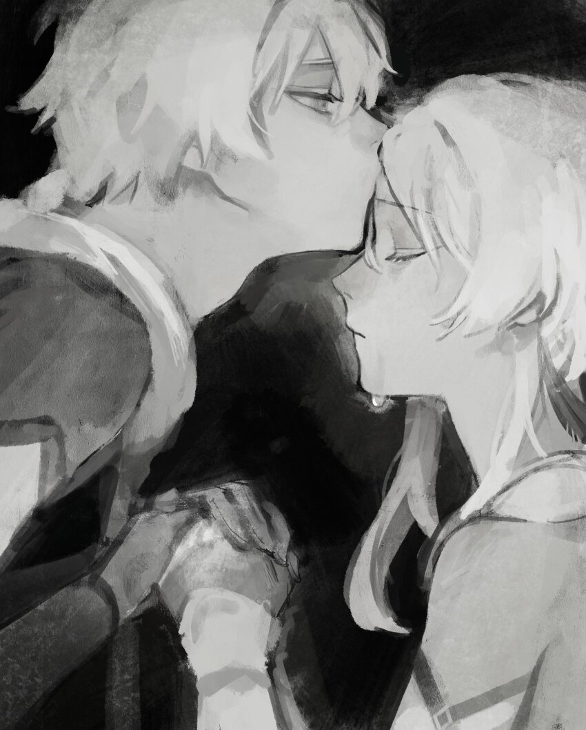 1boy 1girl aether_(genshin_impact) black_background closed_eyes closed_mouth genshin_impact greyscale hair_between_eyes half-closed_eyes hetero highres holding_hands kaimochi0839 kiss kissing_forehead lumine_(genshin_impact) medium_hair monochrome own_hands_clasped own_hands_together single_tear